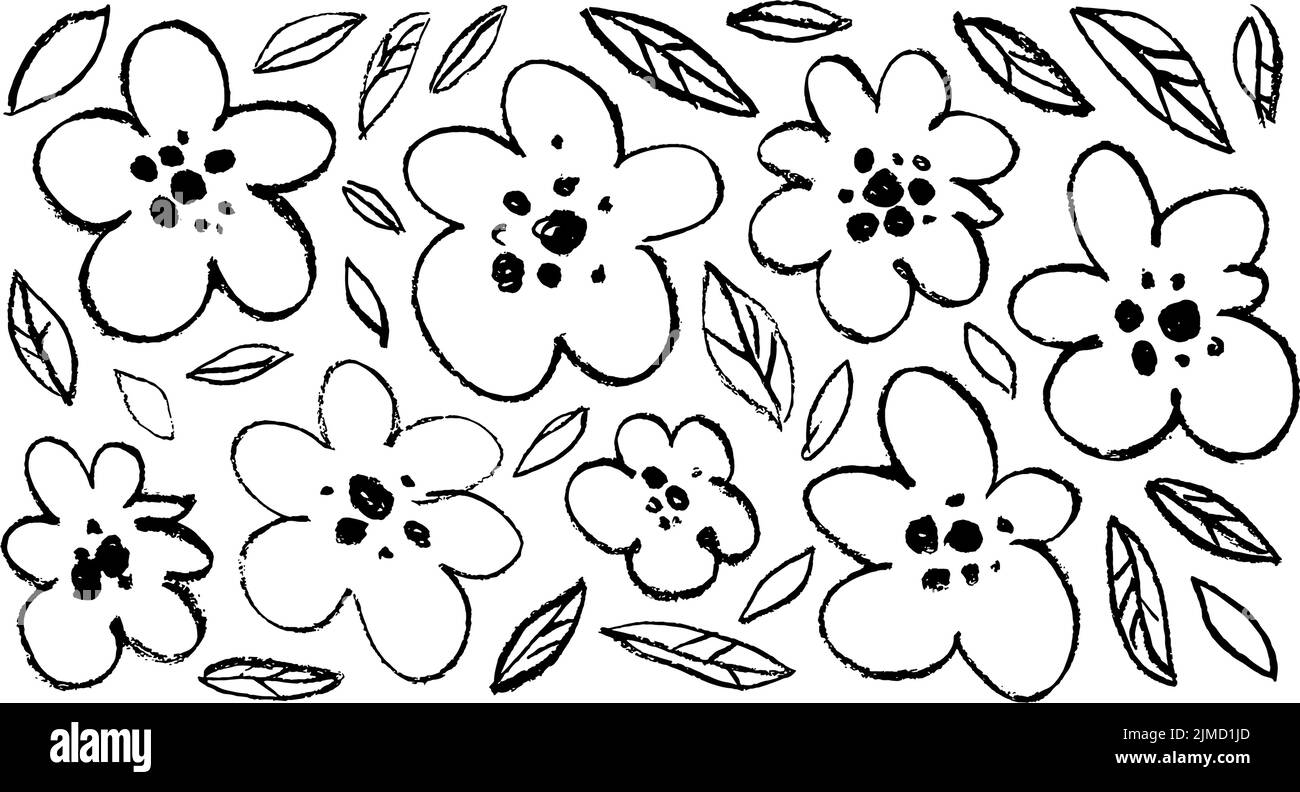 Fleurs linéaires et feuilles dessinées au charbon de bois. Illustration de Vecteur