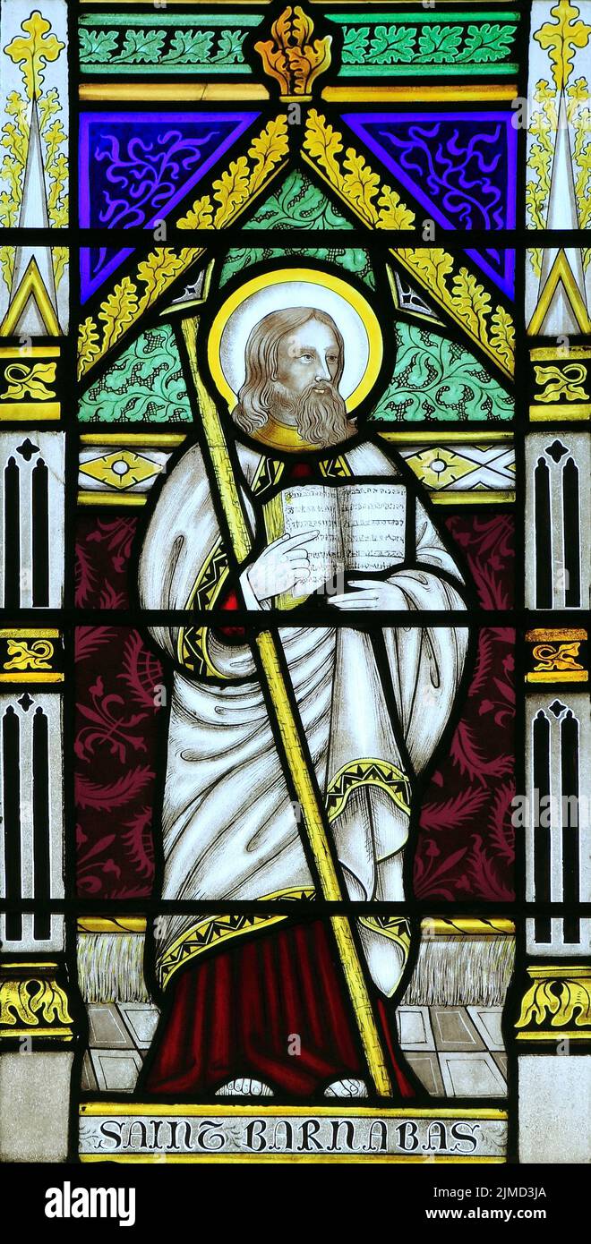 St Barnabas, vitrail, par Joseph Grant de Costessey, 1856, Wighton, Norfolk, Angleterre Banque D'Images