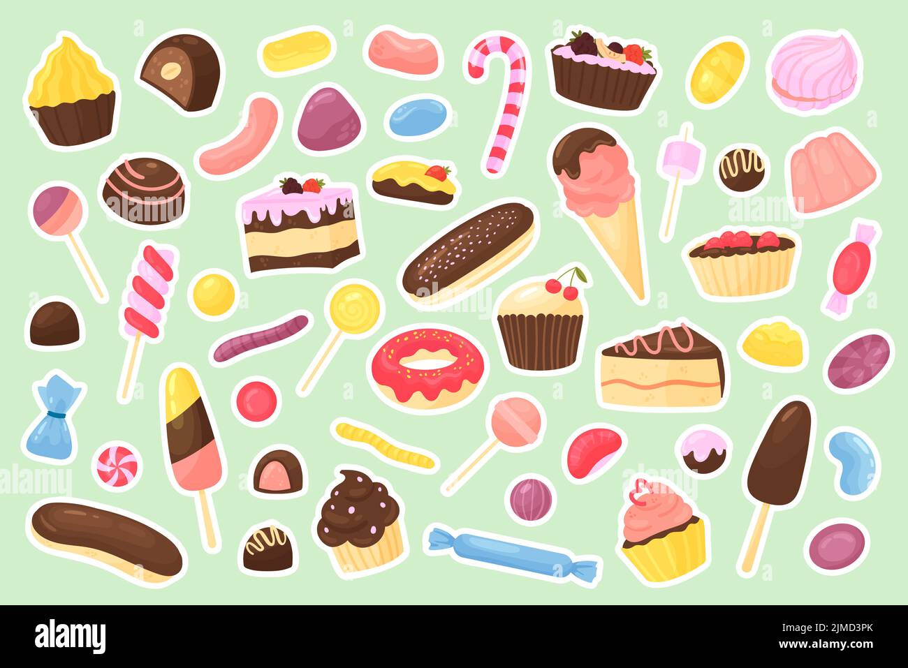 Illustration vectorielle de l'ensemble d'autocollants dessert doux. Collection de confiseries à base de dessins animés avec bonbons en gelée, cupcake, glace en gaufre et morceaux de gâteau avec glaçage au chocolat isolés sur fond vert Illustration de Vecteur