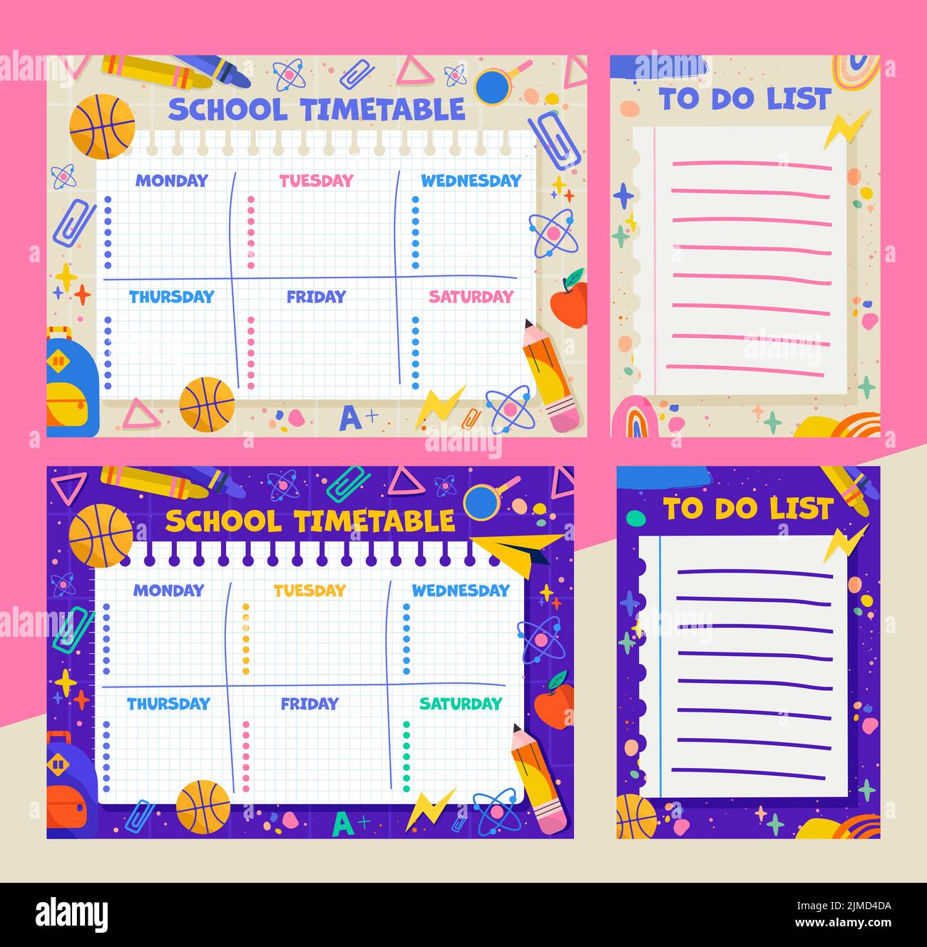 Modèles d'horaires scolaires avec liste de tâches. En deux couleurs, beige et violet. Format A4. Illustration vectorielle. Parfait pour les garçons et les filles. Illustration de Vecteur