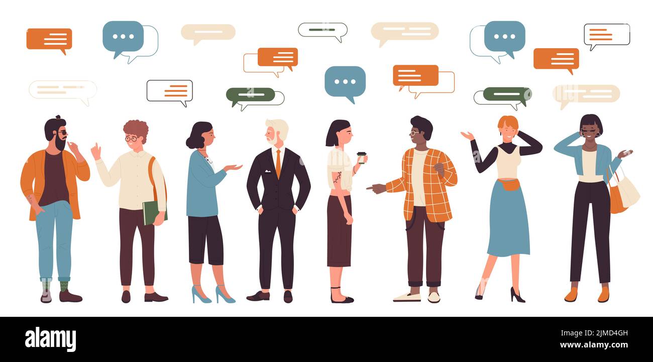 Divers groupes de personnes parlent. Homme de dessin animé et femme de différents âges communiquent, des bulles de message sur le chef de l'étudiant, homme d'affaires, femme d'affaires isolé blanc. Dialogue, concept de communication Illustration de Vecteur