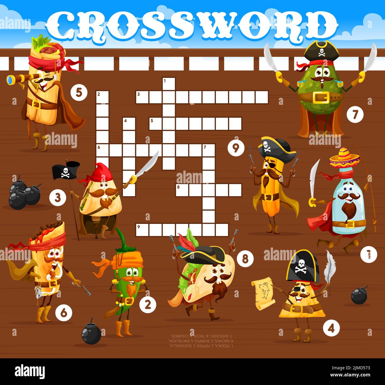 Crossword GRID, caricature mexicaine et personnages corsair, jeu de