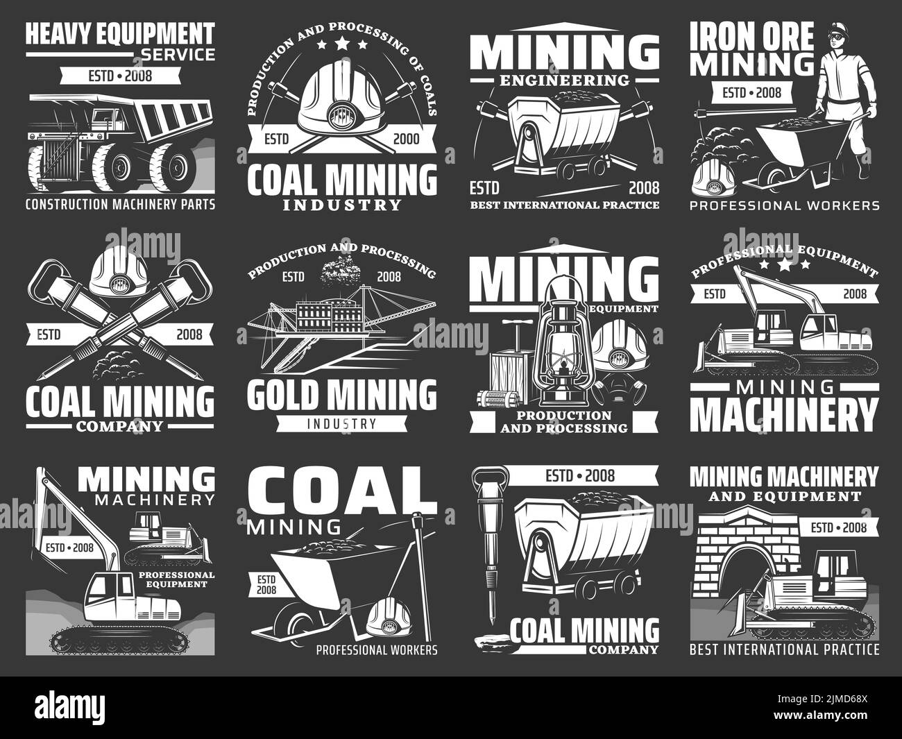 L'industrie minière du charbon a isolé des icônes vectorielles avec des équipements miniers, des outils de travail de mineurs et des machines souterraines. Camion, casque, casque, marteau, pioche, pelle et chariot, mine de charbon, dynamit et lampe à huile Illustration de Vecteur