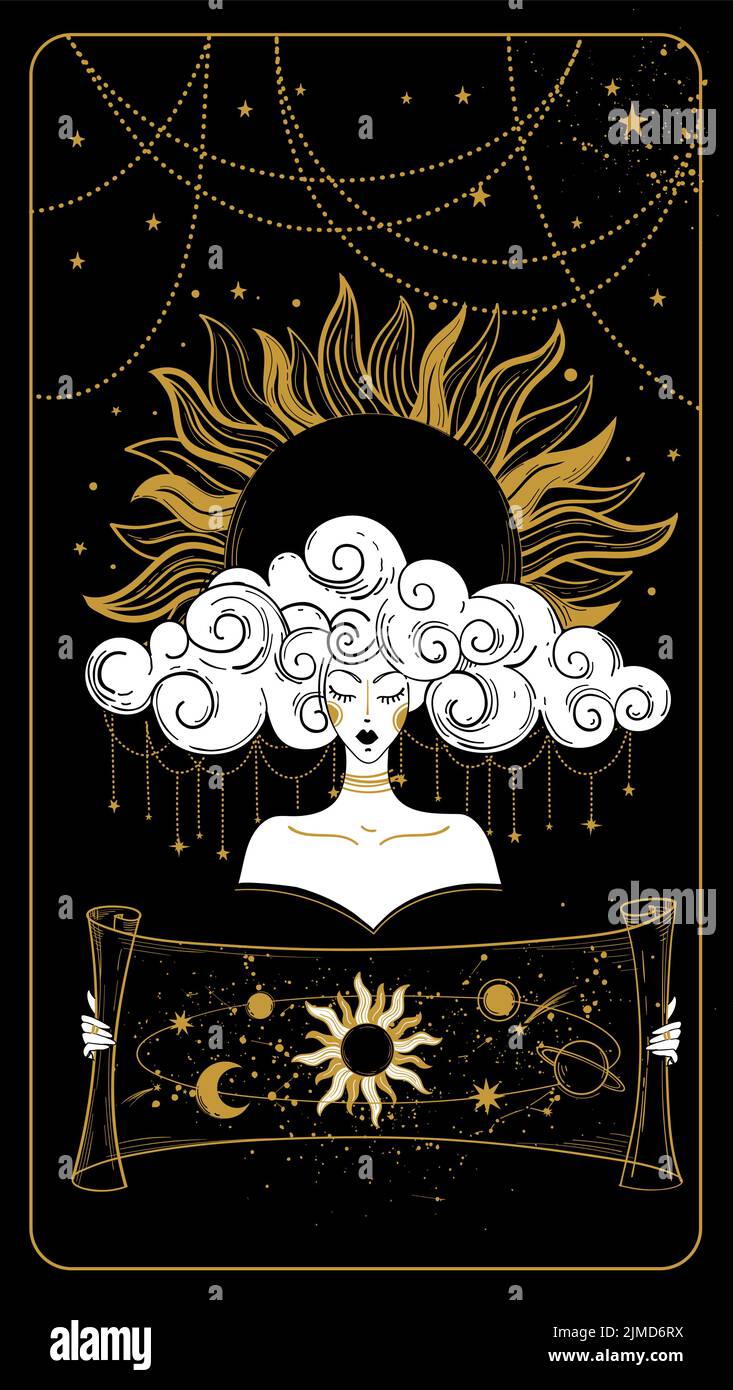 Femme mystique de boho avec livre magique. Belle sorcière avec une carte de l'univers, de la lune et du soleil. Reine ou déesse du destin caractère. Carte vectorielle Illustration de Vecteur