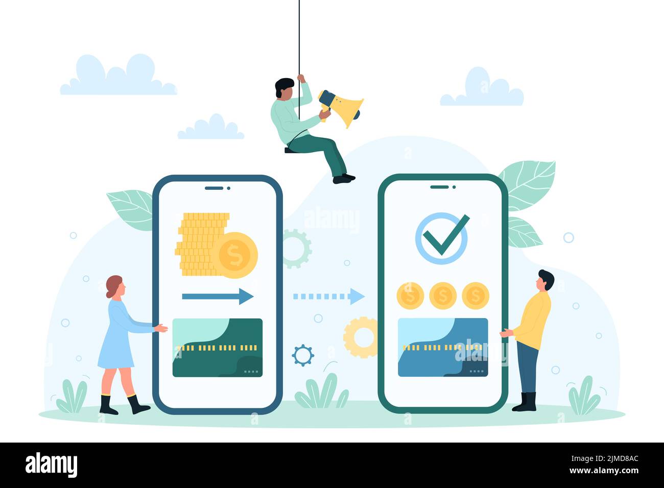 Transfert d'argent, paiement rapide et transaction dans le portefeuille numérique de l'illustration de vecteur de système de banque électronique. Les petits clients de caricature envoient des pièces d'or dans une application mobile, une technologie de banque intelligente Illustration de Vecteur