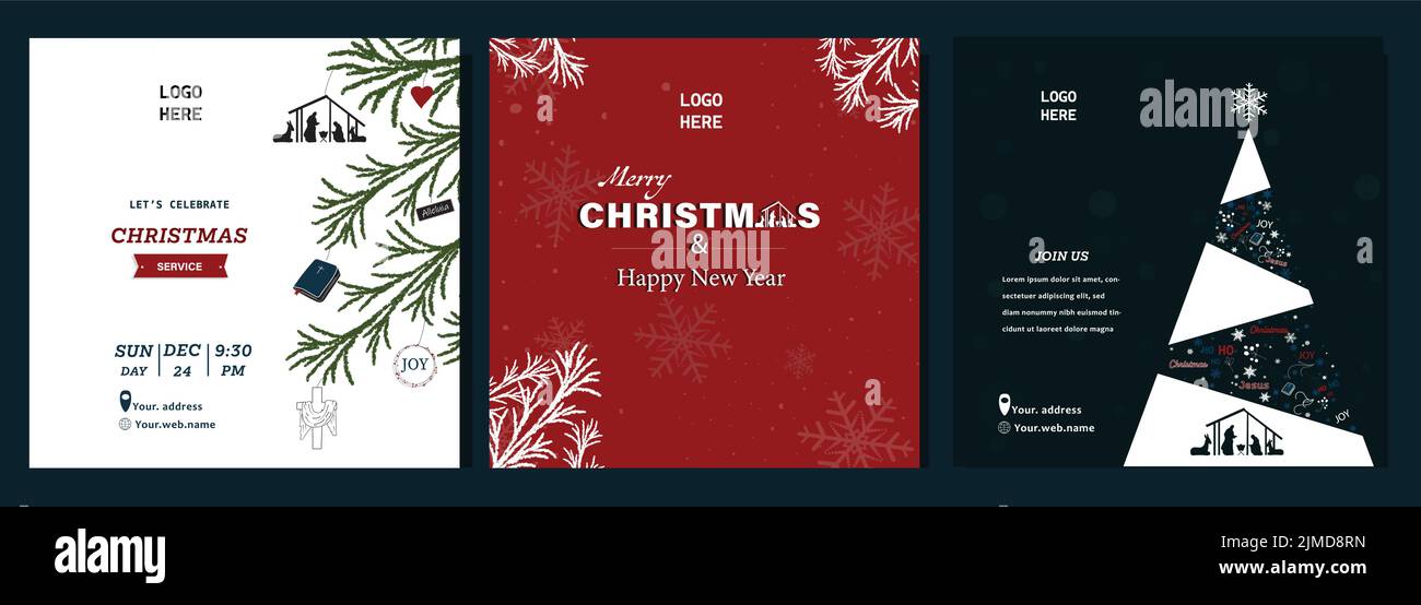 Modèle de publication sur les médias sociaux de l'Église. Le concept de l'église du service de Noël avec des éléments de vacances. Banque D'Images
