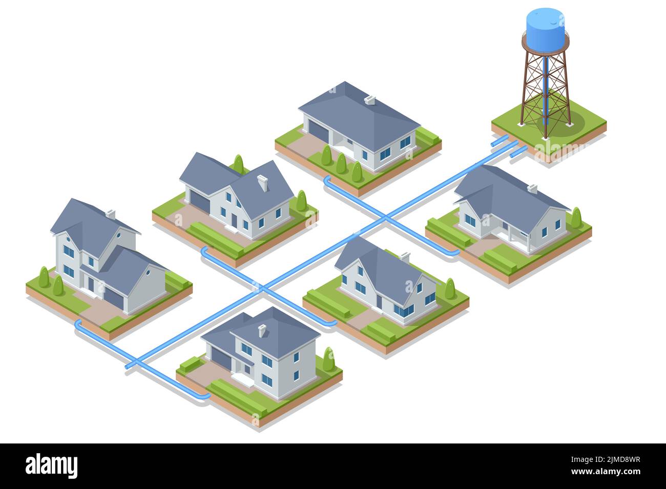 Tour d'eau isométrique avec distribution d'eau potable aux villas. Réservoir d'eau construit à une hauteur suffisante pour pressuriser une distribution Illustration de Vecteur