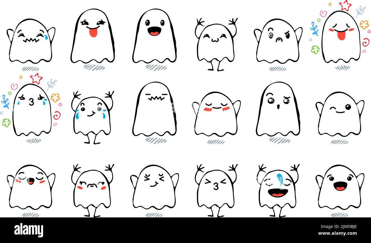 Ensemble de divers fantômes de dessin animé avec émoticônes. Doodle ghouls, yeux et bouche. Caricature expressive comic émotions, souriant, pleurant et surpris chara Illustration de Vecteur