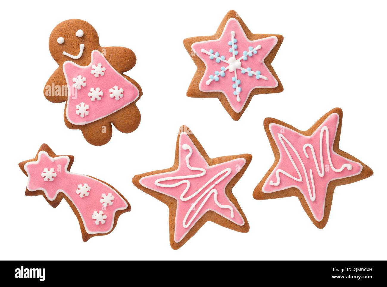 Biscuits de Noël en pain d'épice avec glaçage rose isolé Banque D'Images