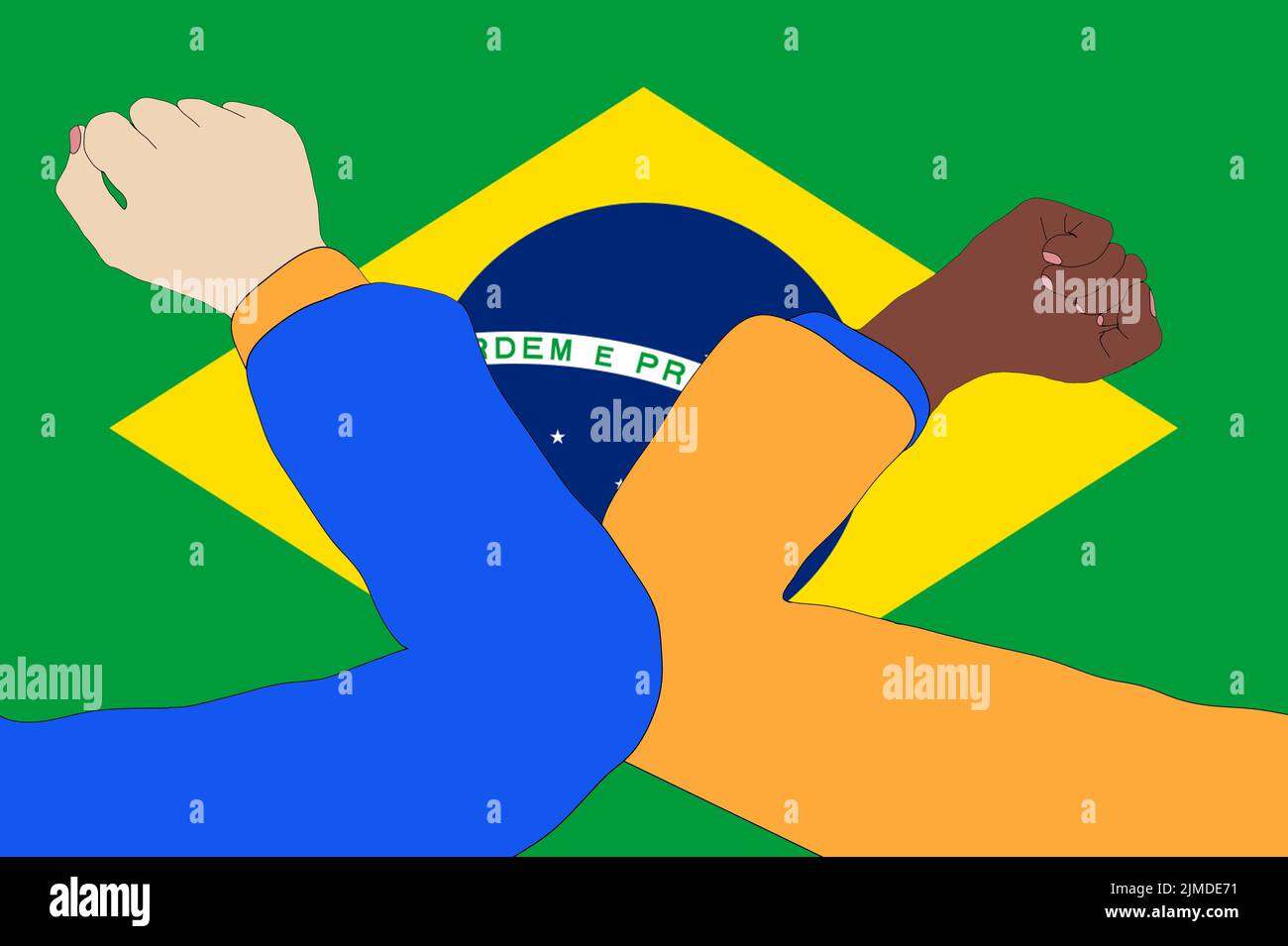 Bosse du coude. Un accueil novateur pour éviter la propagation du coronavirus devant un drapeau brésilien. Banque D'Images