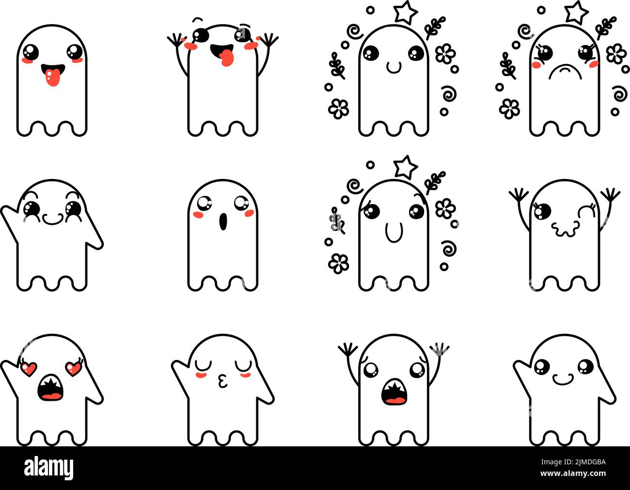 Ensemble de divers fantômes de dessin animé avec émoticônes. Doodle ghouls, yeux et bouche. Caricature expressive comic émotions, souriant, pleurant et surpris chara Illustration de Vecteur