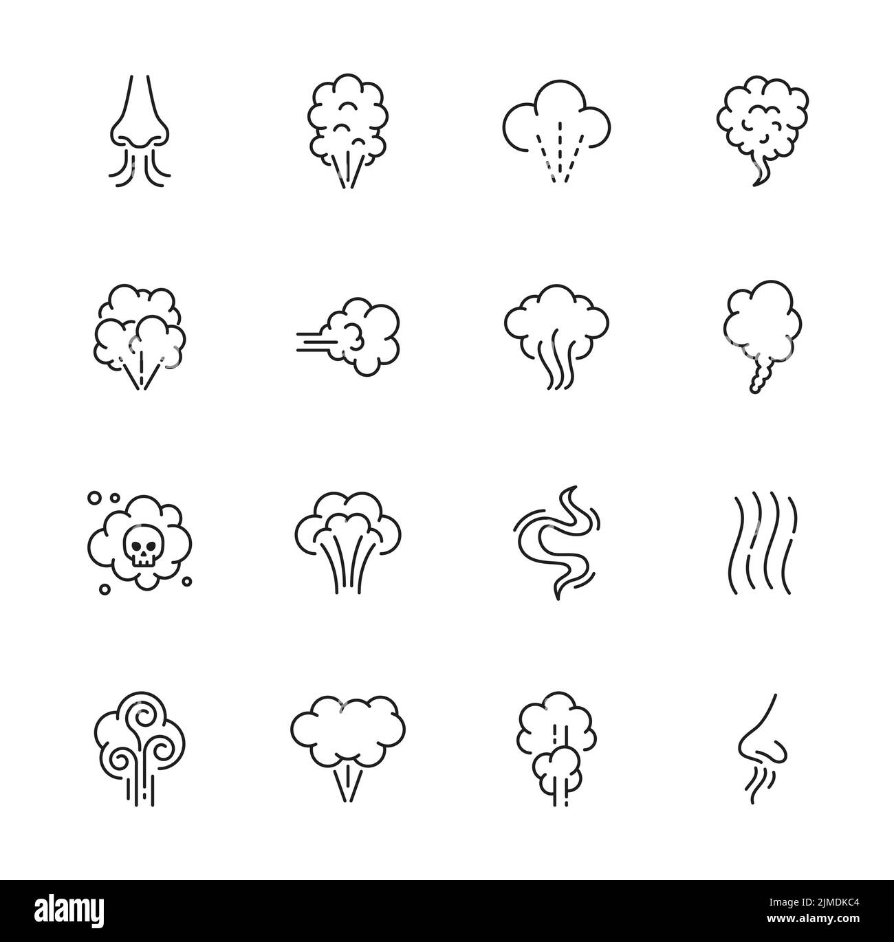 Icônes d'odeur, vapeur de fumée et nez odorant odeur, vapeur ou vapeur, symboles de lignes vectorielles. Mauvaise odeur ou odeur lapieuse et icônes de nuage de fumée toxique avec crâne, gaz odorant ou vapeur de fumée Illustration de Vecteur