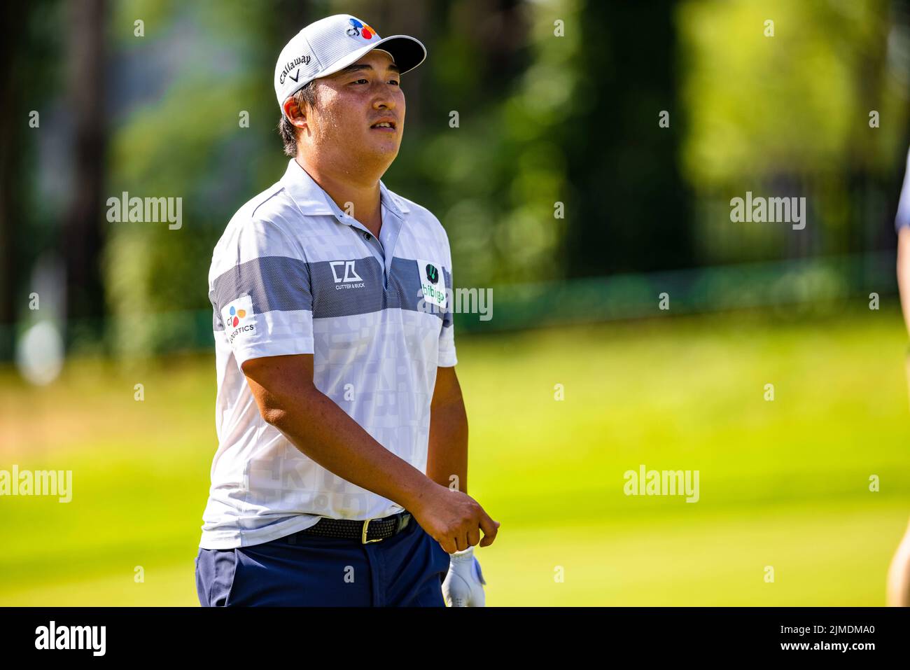 5 août 2022 : K H Lee descend le neuvième fairway pendant le championnat 2022 Wyndham au Sedgefield Country Club à Greensboro, en Caroline du Nord. Scott Kinser/CSM Banque D'Images