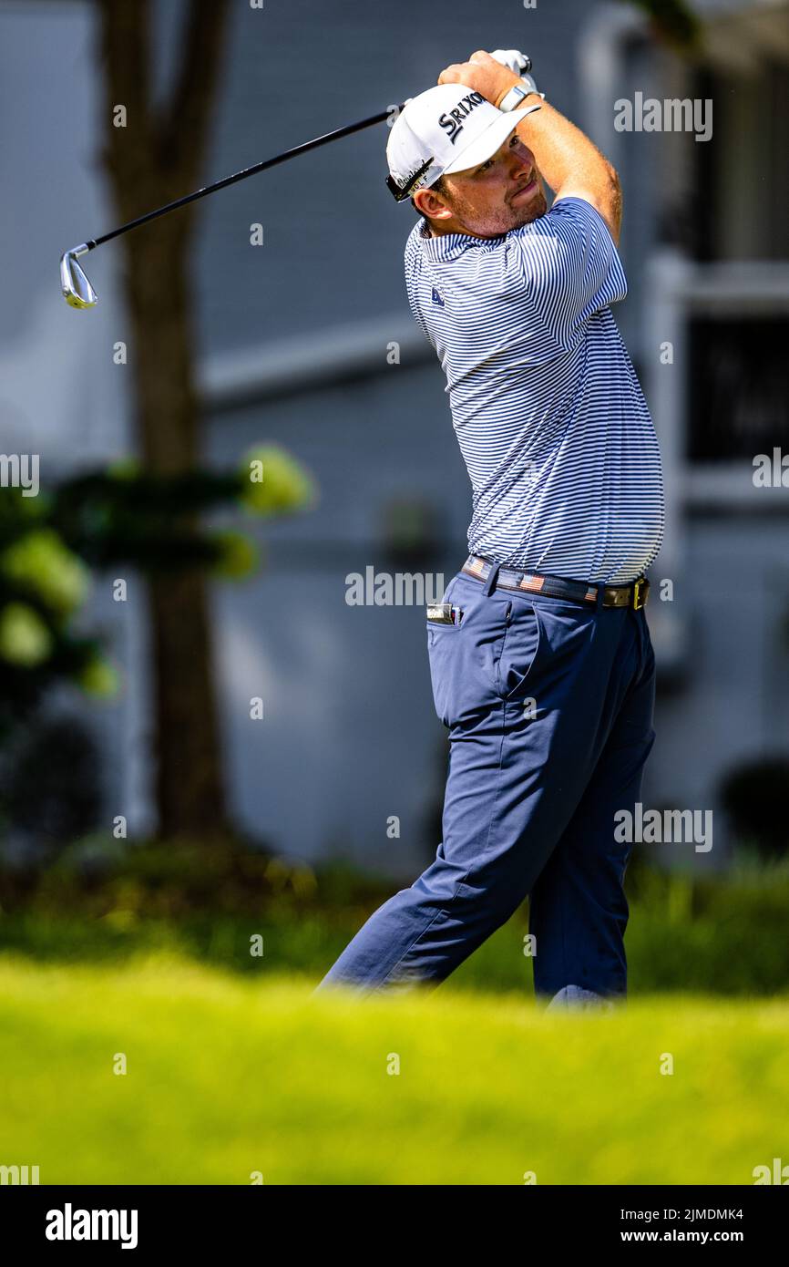 5 août 2022: Matthew Nesmith débarque sur la huitième place lors du championnat Wyndham 2022 au Sedgefield Country Club à Greensboro, NC. Scott Kinser/CSM Banque D'Images