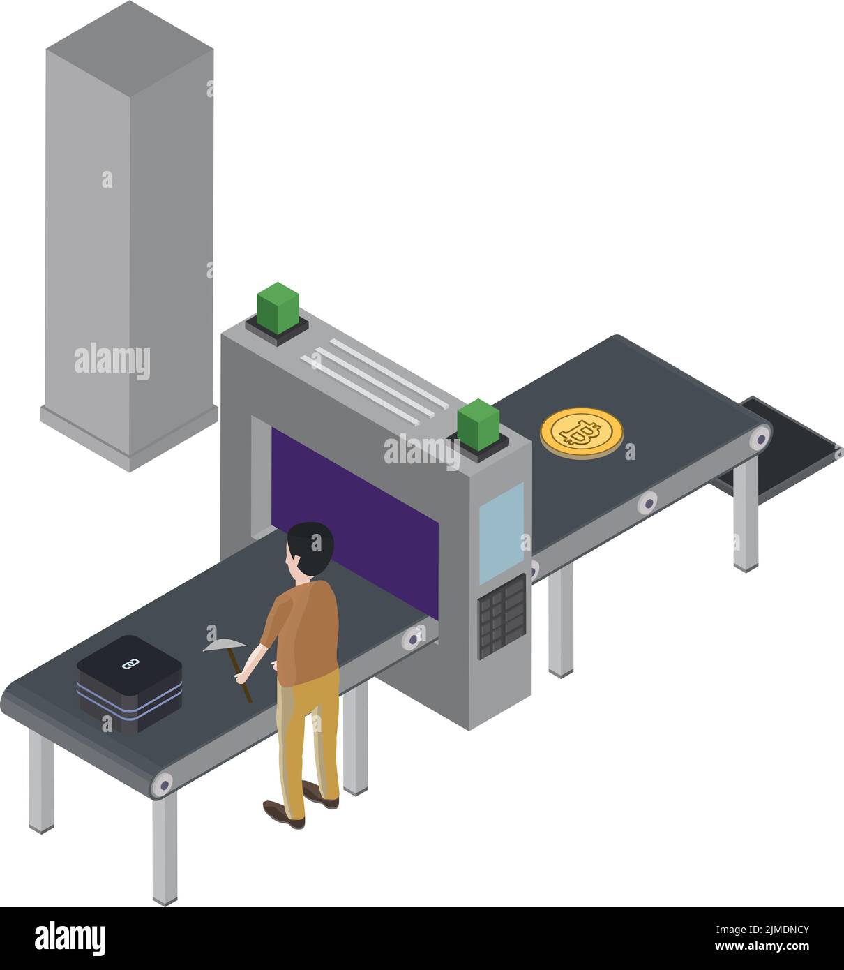 Crypto Miner - vue isométrique d'un homme qui a réussi à exploiter le bitcoin Illustration de Vecteur