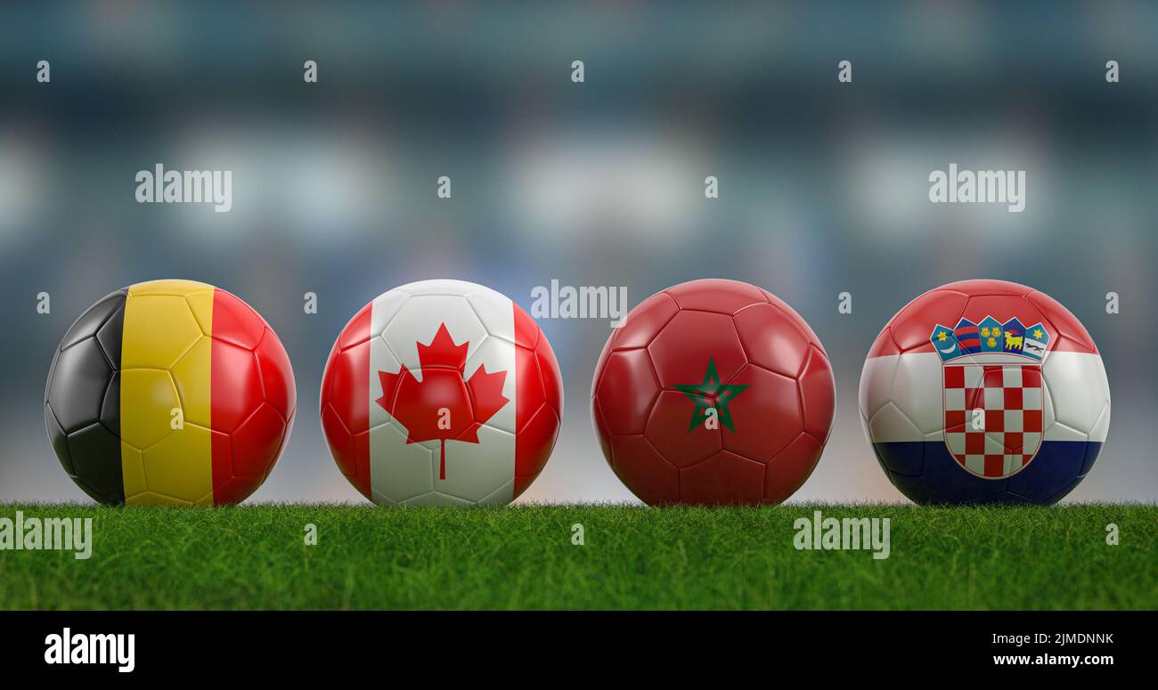 Ballon de football national drapeaux groupe F sur le terrain de football. 3d illustration. Banque D'Images