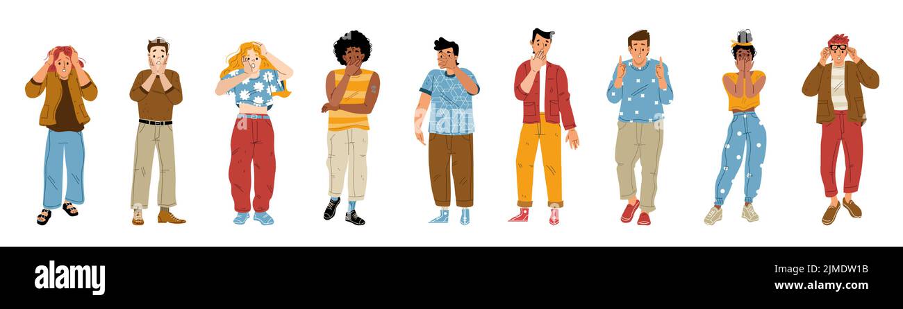 Ensemble de jeunes avec des expressions du visage surpris sur fond blanc. Collection de personnages vectoriels plats hommes étonnés, femmes avec bouche ouverte et réaction excitée. Wow effet émotions incroyable nouvelles Illustration de Vecteur