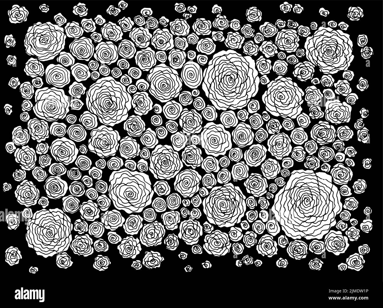 Motif floral sur le fond avec roses. Décoration de jardin en noir et blanc Zendoodle. Fleurs sur fond noir. Maquette de ligne Illustration de Vecteur