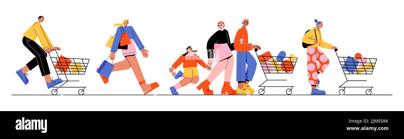 Beaucoup de gens debout dans la file d'attente de supermarché avec des chariots d'épicerie, jeu de caractères plats. Illustration vectorielle des achats d'hommes, de femmes et d'enfants, en file d'attente pour payer des marchandises. Vente et remises Illustration de Vecteur