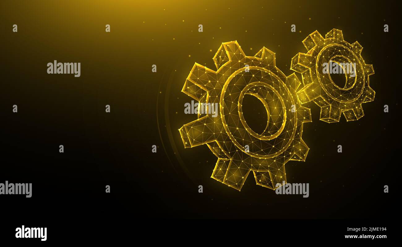 Illustration vectorielle polygonale de pignons isolés sur fond sombre. Roues dentées ou réglages. Technologie industrielle ou mécanique de Banque D'Images