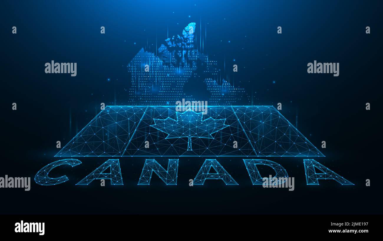 Illustration vectorielle polygonale de la carte et du drapeau du Canada. Bannière abstraite ou modèle composé de points et de lignes sur un fond bleu foncé Banque D'Images