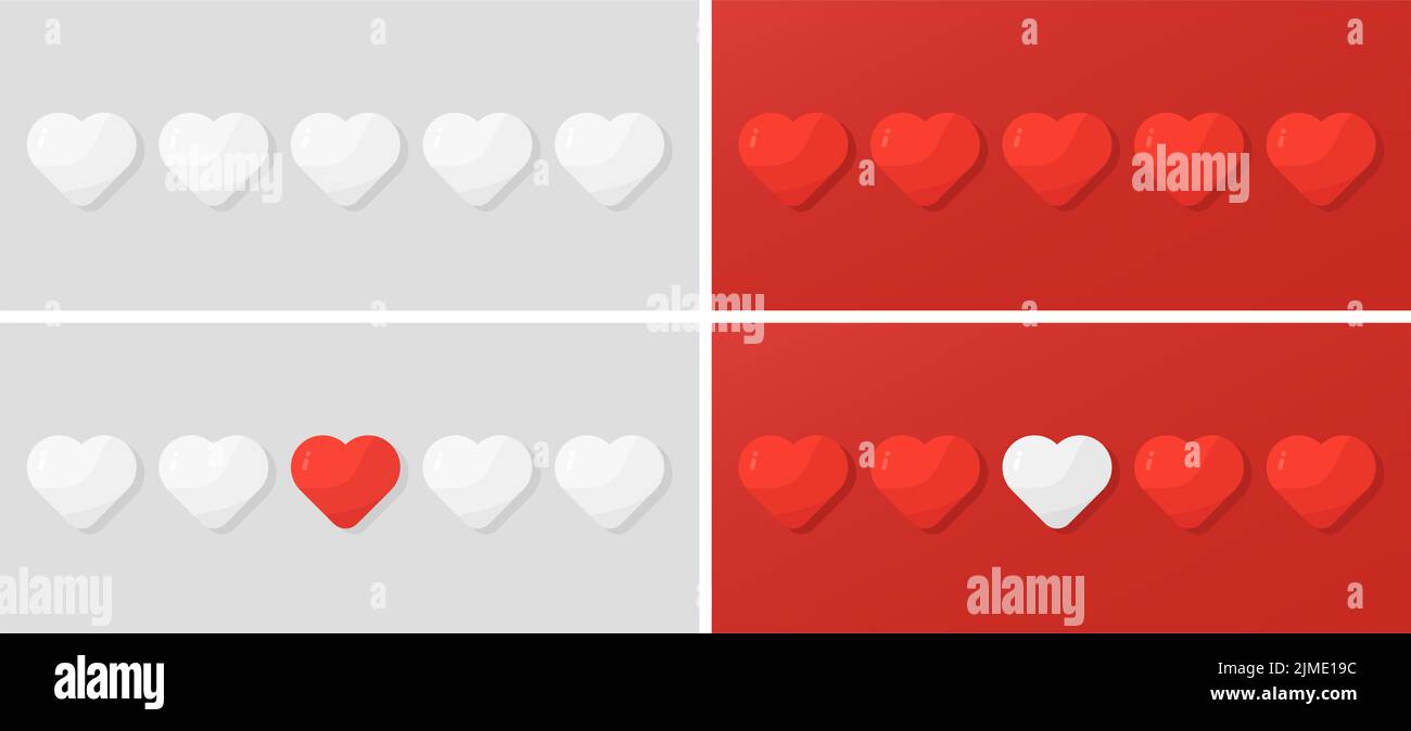 Illustration vectorielle de cinq coeurs en rouge et blanc. Modèles ou bannières d'amour. Cinq caractéristiques cardiaques Banque D'Images