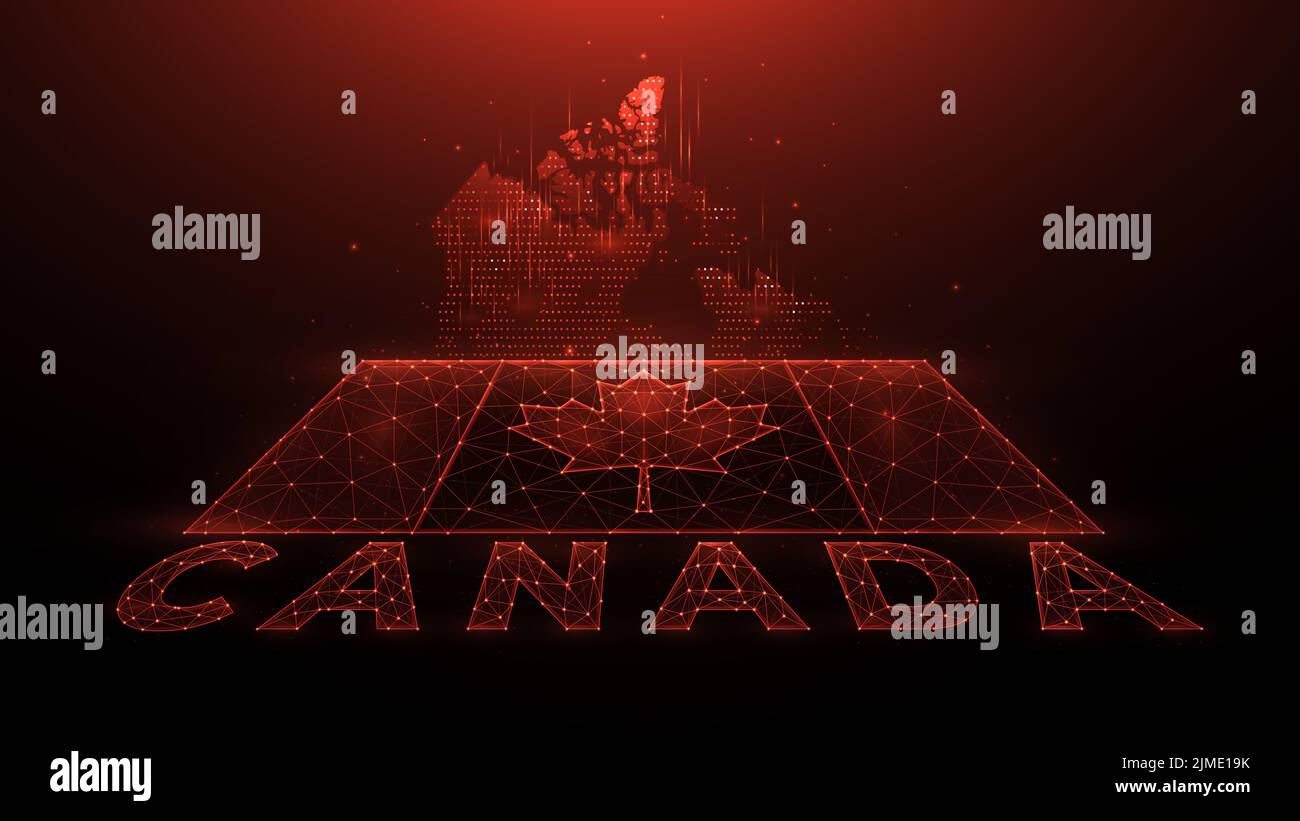 Illustration vectorielle polygonale de la carte et du drapeau du Canada. Bannière abstraite ou modèle composé de points et de lignes sur un fond rouge foncé Banque D'Images