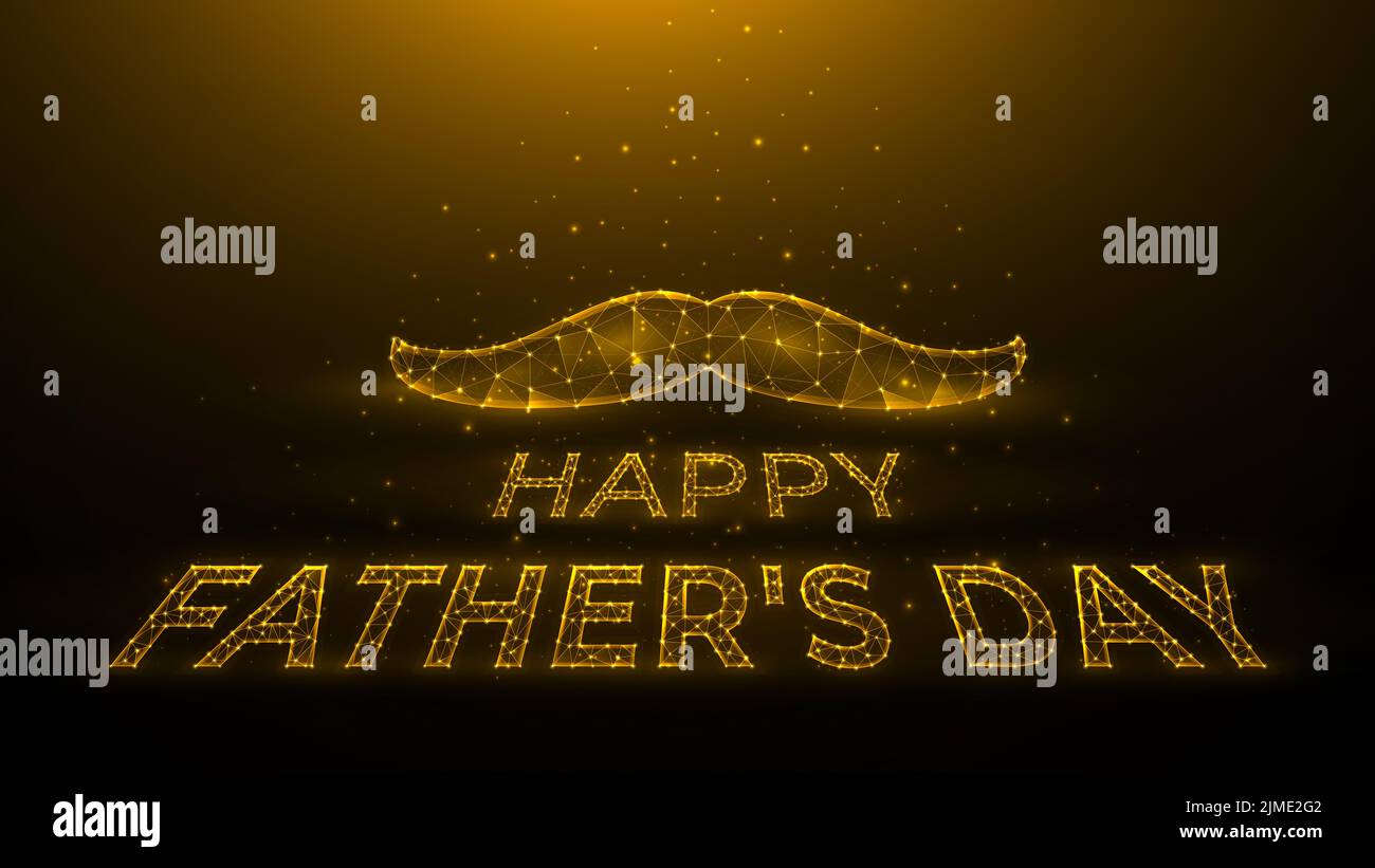 Illustration vectorielle polygonale Happy Pather Day sur fond jaune foncé, moustache et lettrage à base de points et de lignes. A h Banque D'Images