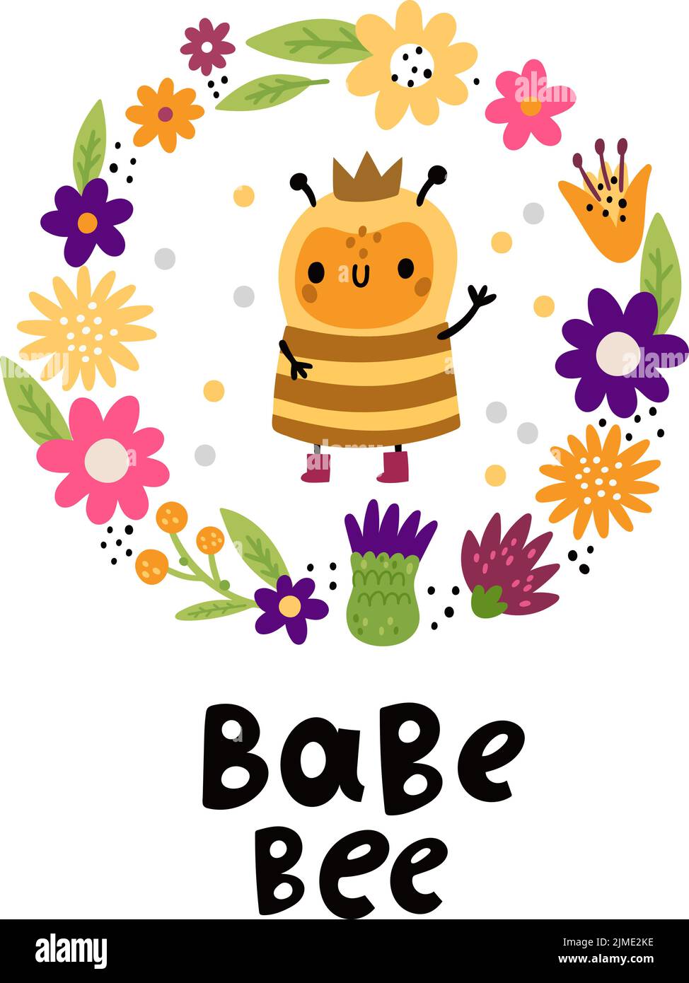 Adorable grand abeille avec cadre en couronne à fleurs. Carte décorative Illustration de Vecteur