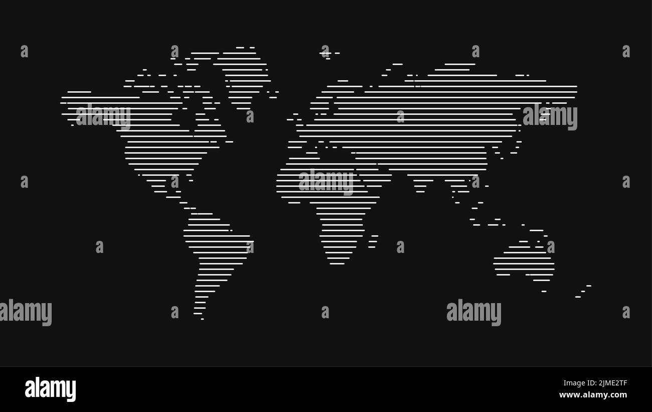 Illustration vectorielle d'une carte du monde réalisée à partir de lignes sur fond noir. Bannière ou modèle géographique. Banque D'Images