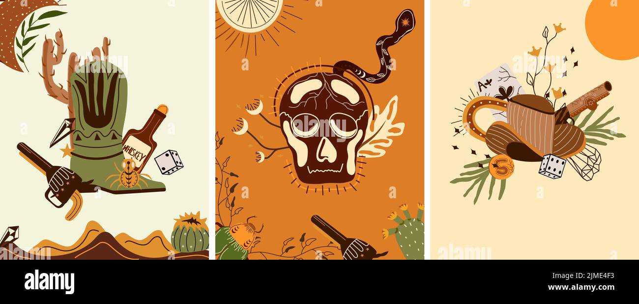 Affiche Wild West avec chapeau de cow-boy, cartes à jouer, crâne, serpent mystique, dés, pistolet et autre. Plus loin dans le Vieux Ouest dans un style plat. Illustration vectorielle Illustration de Vecteur