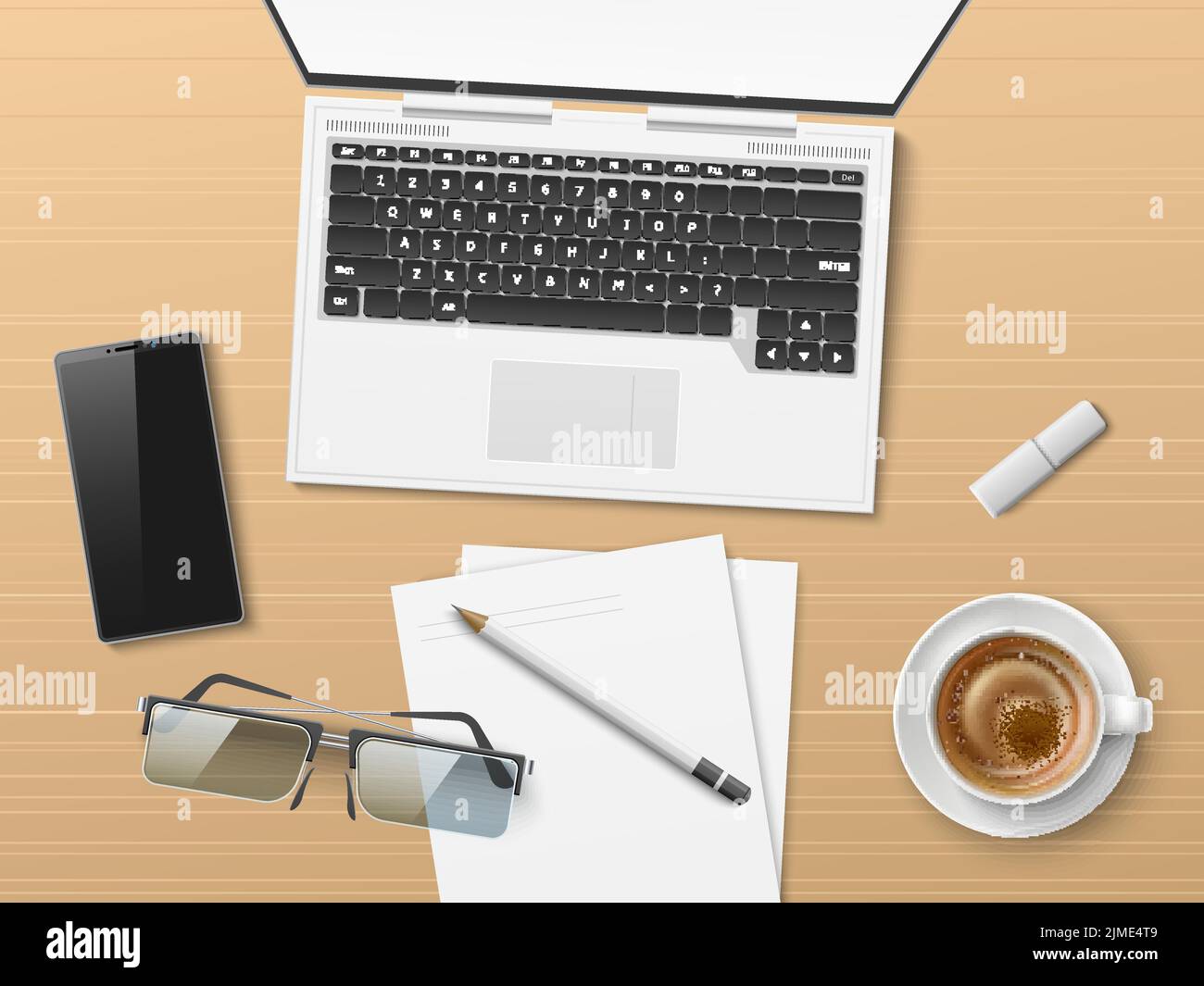 Vue de dessus réaliste du bureau. Ordinateur portable et documents sur le bureau. Tasse à café. Smartphone et lunettes. Feuilles de papier à lettres sur la table. Responsable Illustration de Vecteur