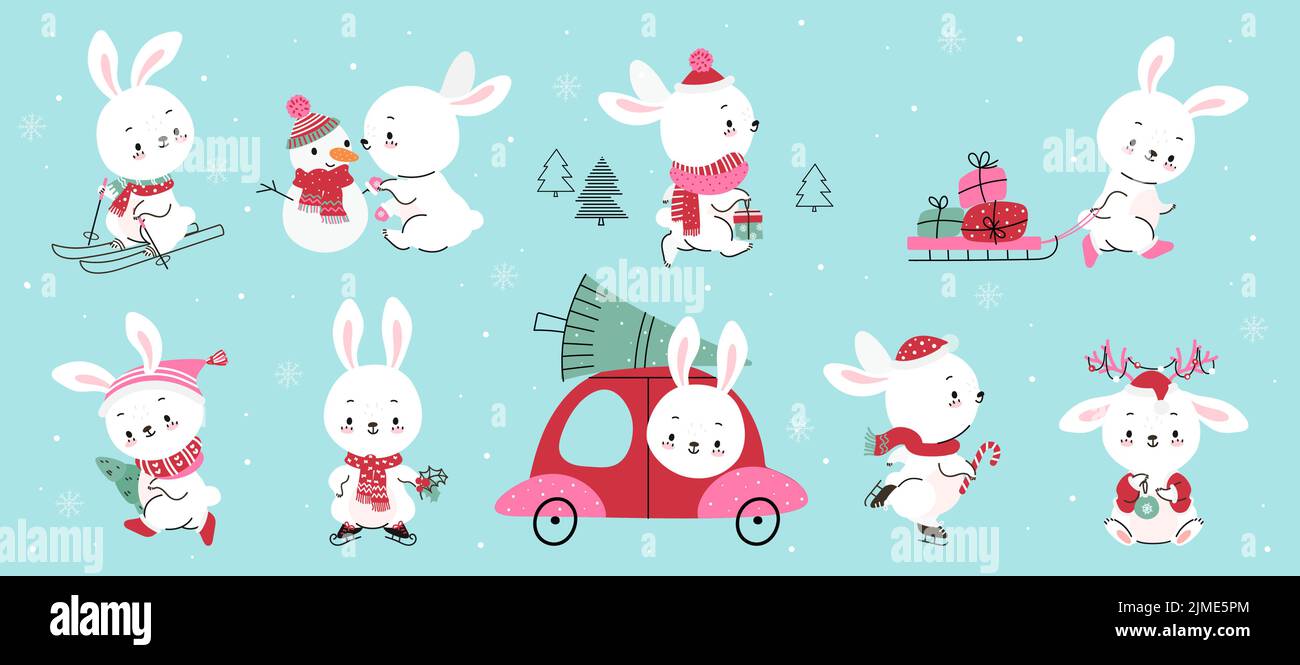 Lapin nouvel an 2023. Lapins d'hiver, lapin doux et bonhomme de neige, cadeaux de noël et arbre. Personnages de la veille des fêtes, vecteur de nowaday pour les bébés animaux Illustration de Vecteur