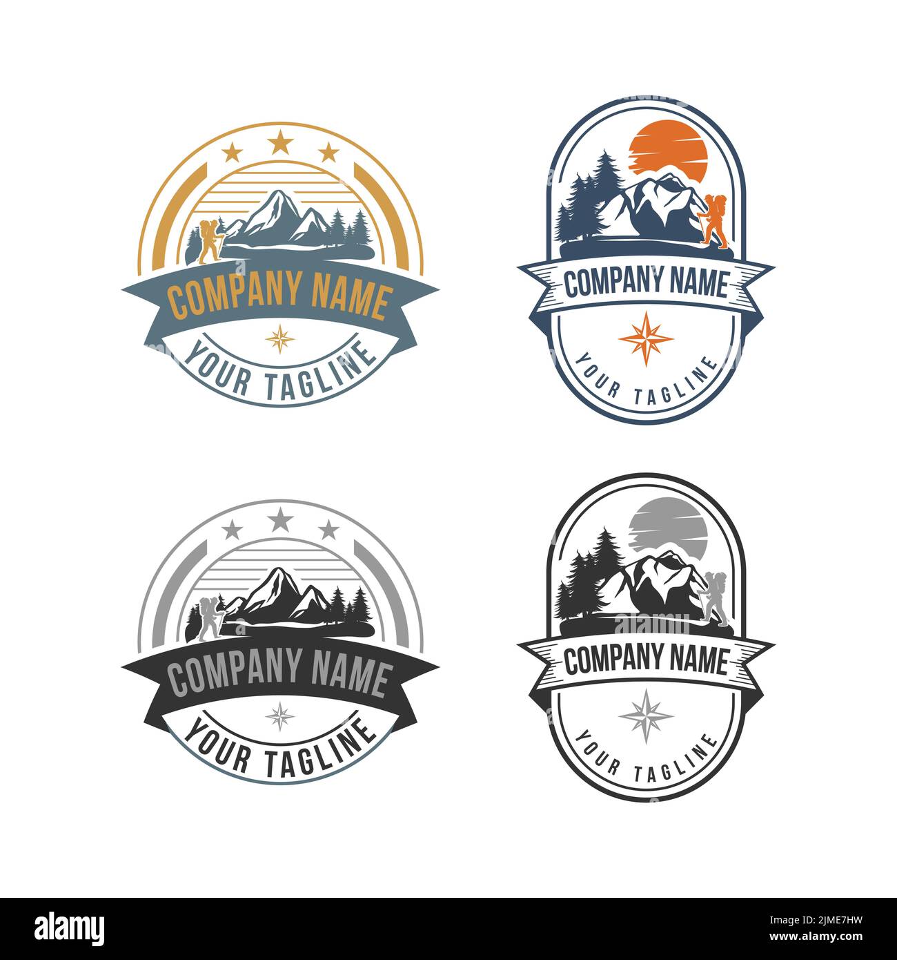 Ensemble emblème randonnée, plein air extrême, logo Vector Hiker ou Climber illustration.EPS 10 Illustration de Vecteur