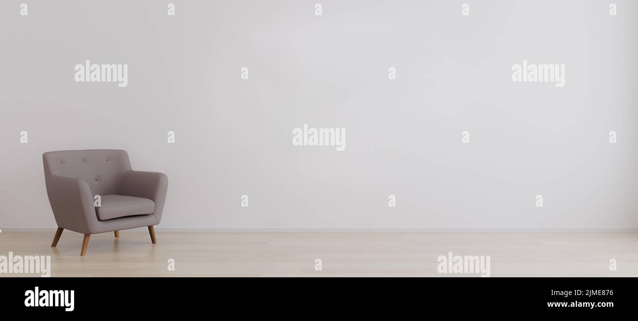 Chambre vide avec mur blanc et fauteuil sur parquet. Intérieur de la chambre avec fauteuil pour maquette. rendu 3d Banque D'Images