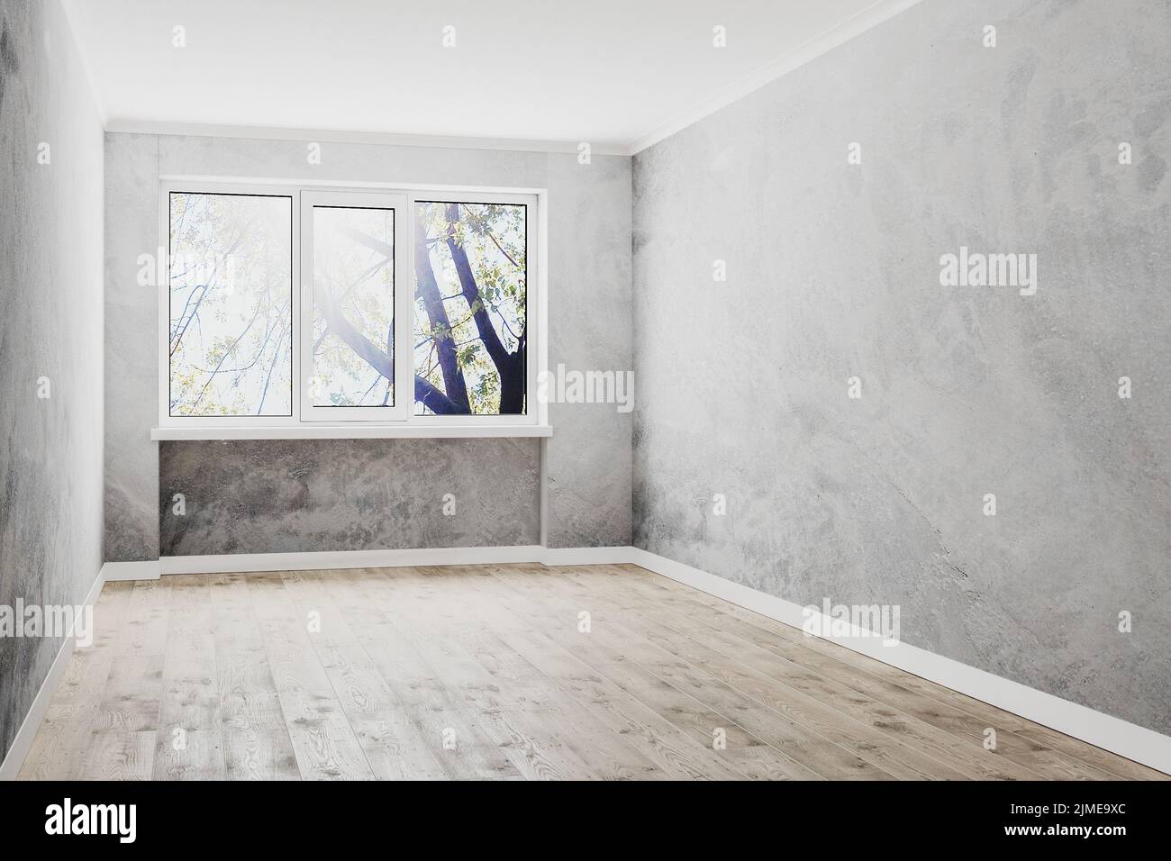 Chambre vide avec fenêtre, murs en plâtre décoratifs vides et plancher en bois, plafond blanc, murs vides, 3D rendu Banque D'Images