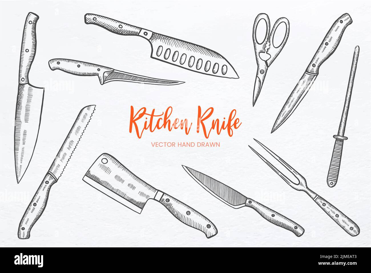 Ensemble de couteaux de cuisine avec illustration vectorielle dessinée à la main Banque D'Images