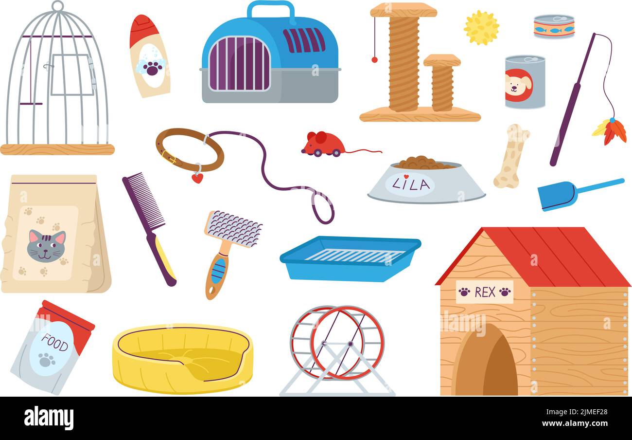 Outils d'atelier pour animaux de compagnie. Outils de coiffage pour chiens, cage de perroquet et accessoires pour chats. Dessins animés animaux porte-animaux et jouet, isolé style animal service décent vecteur Illustration de Vecteur