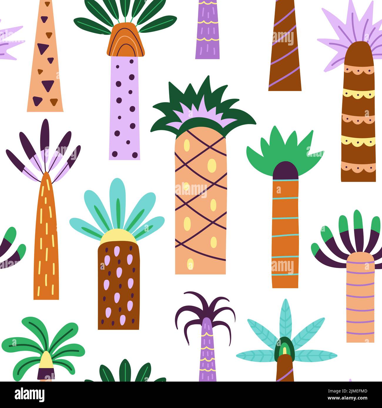 Paume tendance différente avec feuilles. Motif abstrait décoratif palmiers sans couture. Été océan plantes exotiques, style doodle plat décent imprimé en tissu vectoriel Illustration de Vecteur