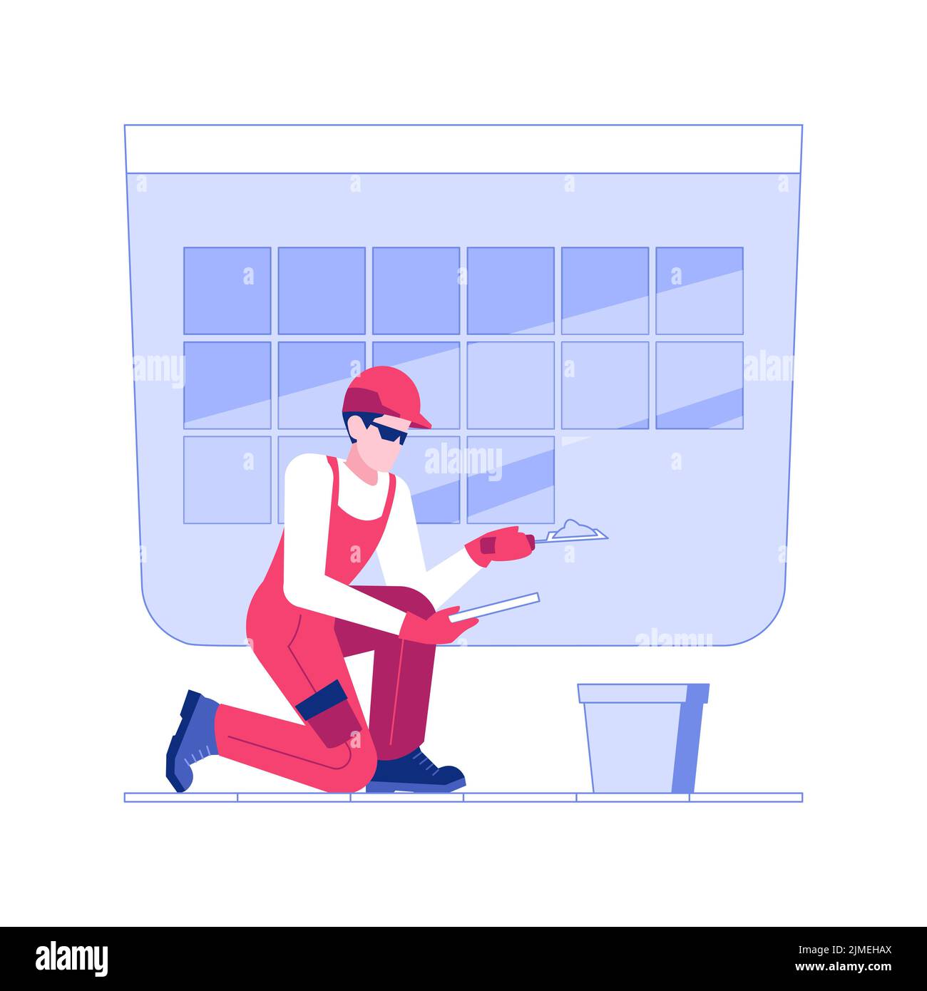 Pose de carreaux illustration du vecteur de concept isolé. Constructeur en carrelage uniforme, construction résidentielle, réparateur professionnel au travail, concept vectoriel de surface en porcelaine et céramique. Illustration de Vecteur