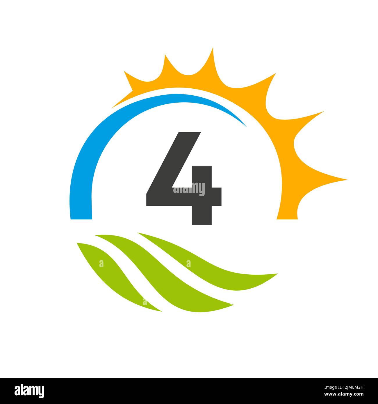Modèle de vecteur de logo Agriculture Letter 4. Concept de logo Agriculture avec Green Field et Bright Sun Element Illustration de Vecteur