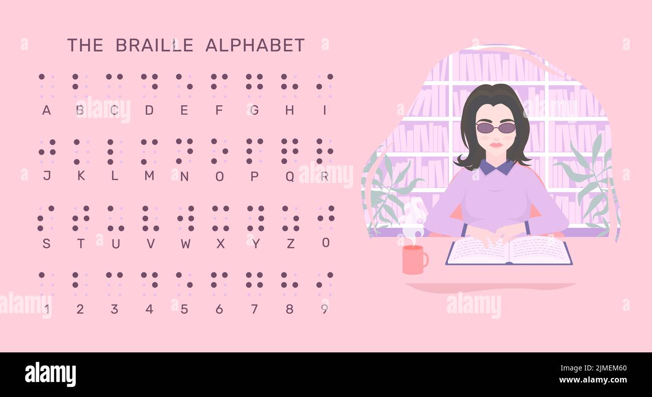 Alphabet braille. Invalide aveugle fille lecture livre écrit en braille. Lecture du texte en braille en tant que système aveugle avec personne en contact avec des points. Reconnaissance de texte Illustration de Vecteur