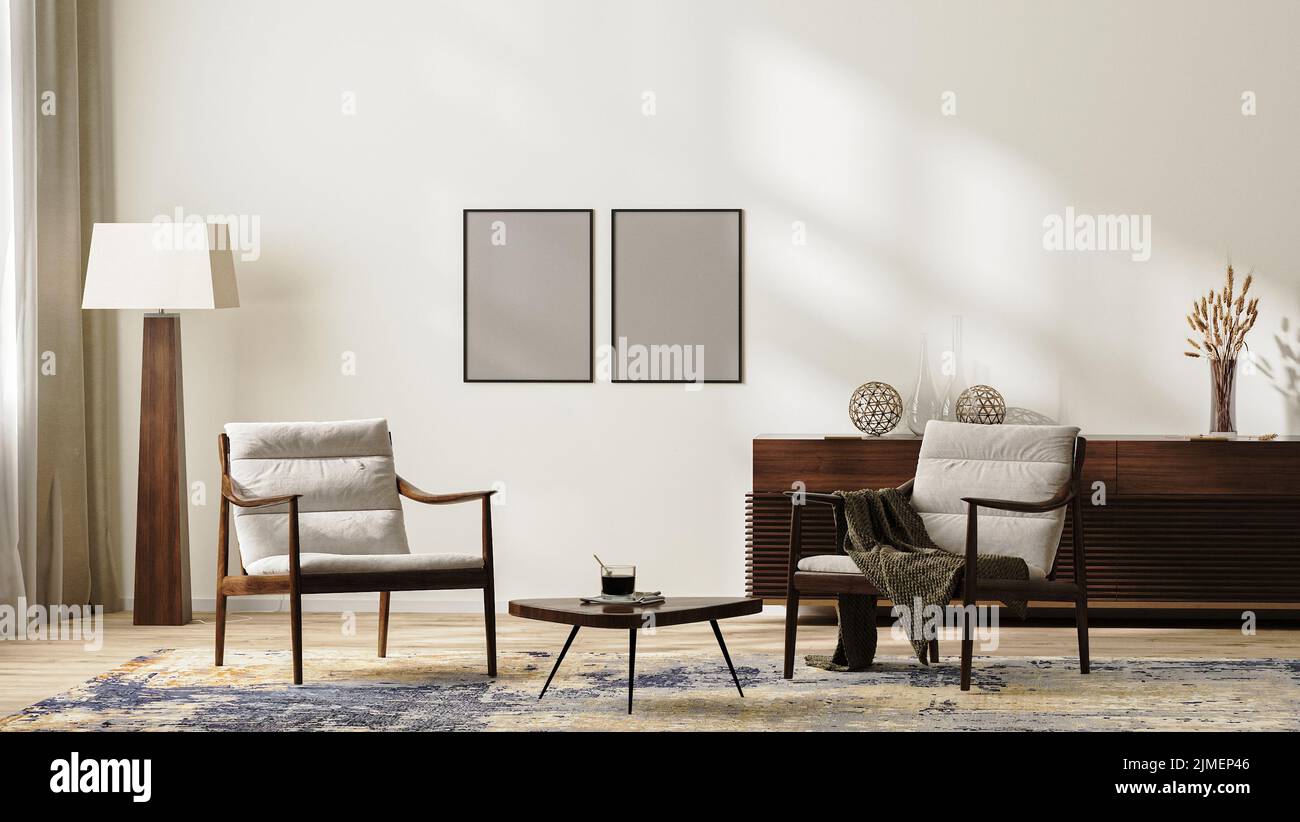 Cadres mockup dans le salon moderne lumineux intérieur dans les couleurs neutres avec fauteuils, lampadaire, tapis et table basse, coffre Banque D'Images