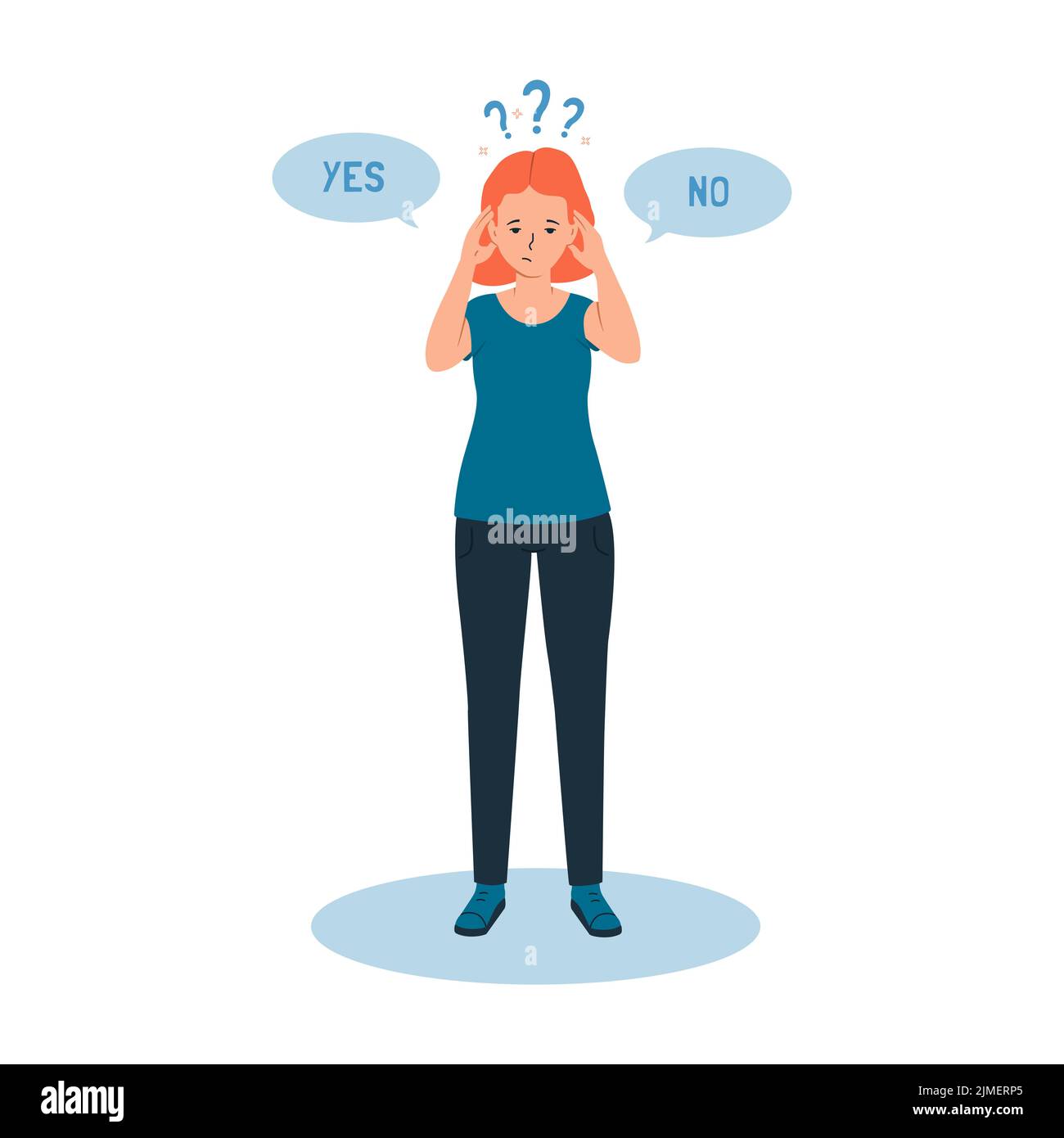 La fille ressent un doute, il est difficile pour elle de faire le bon choix, oui ou non Le concept de dissonanc cognitif Banque D'Images