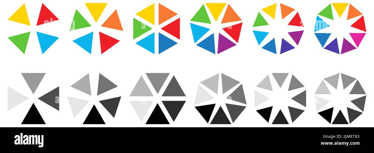 Triangles pointant vers l'intérieur disposés en forme circulaire - peuvent être utilisés comme élément infographique avec quatre à neuf pièces Illustration de Vecteur