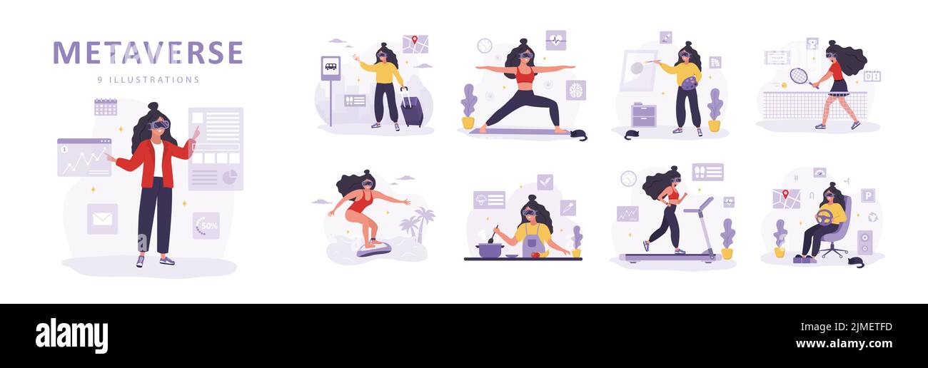 Concept métaverse. Femmes dans les micro-casques VR travaillant, faisant du sport et de la peinture. Simulateur de jeu vidéo. Divertissement technologique moderne. Ensemble de vecteurs Illustration de Vecteur