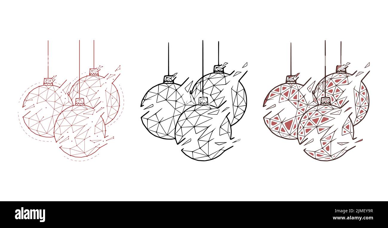 Lot de boules de Noël de style géométrique sur fond blanc.Illustration vectorielle polygonale créative Banque D'Images