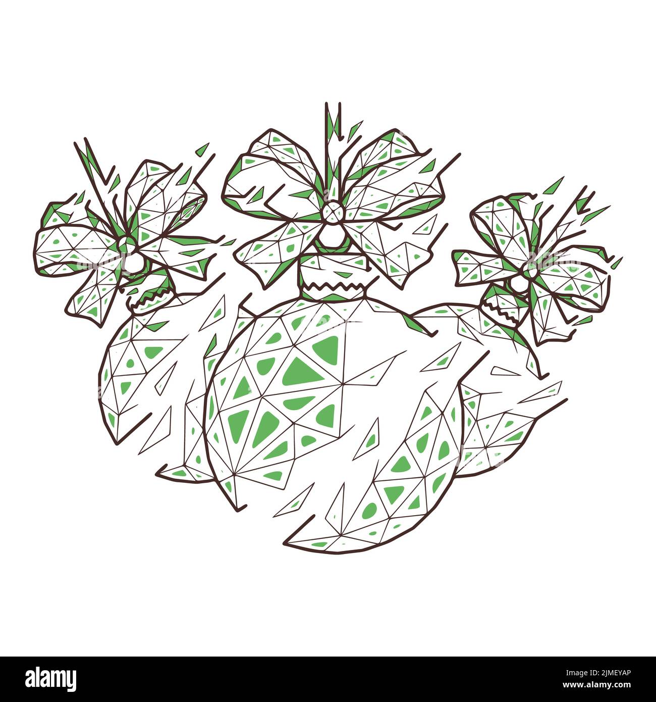 Boules de Noël avec noeuds dans un style géométrique abstrait sur fond blanc.Illustration de vecteur polygonal Banque D'Images