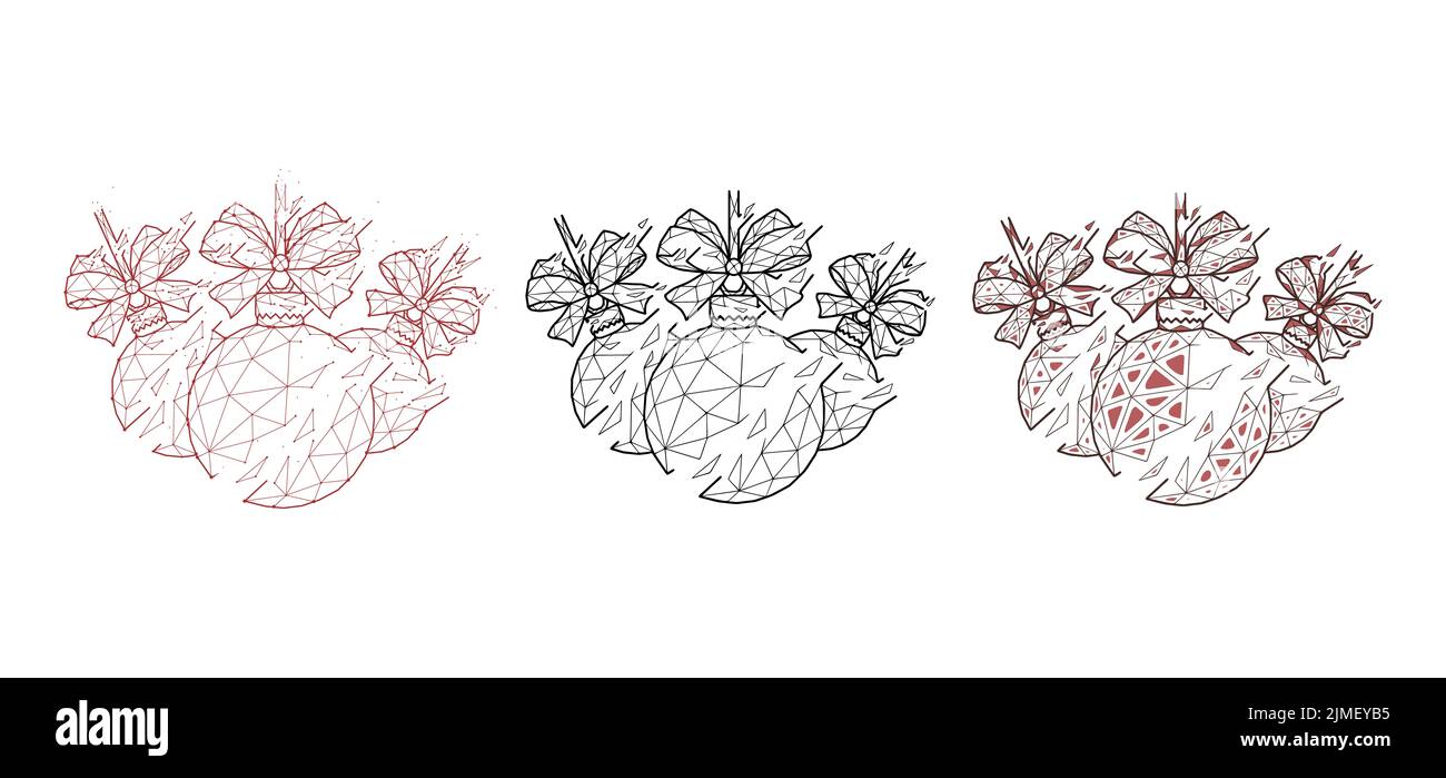 Ensemble de boules de Noël avec noeuds dans un style géométrique sur un fond blanc.Illustration vectorielle polygonale créative Banque D'Images