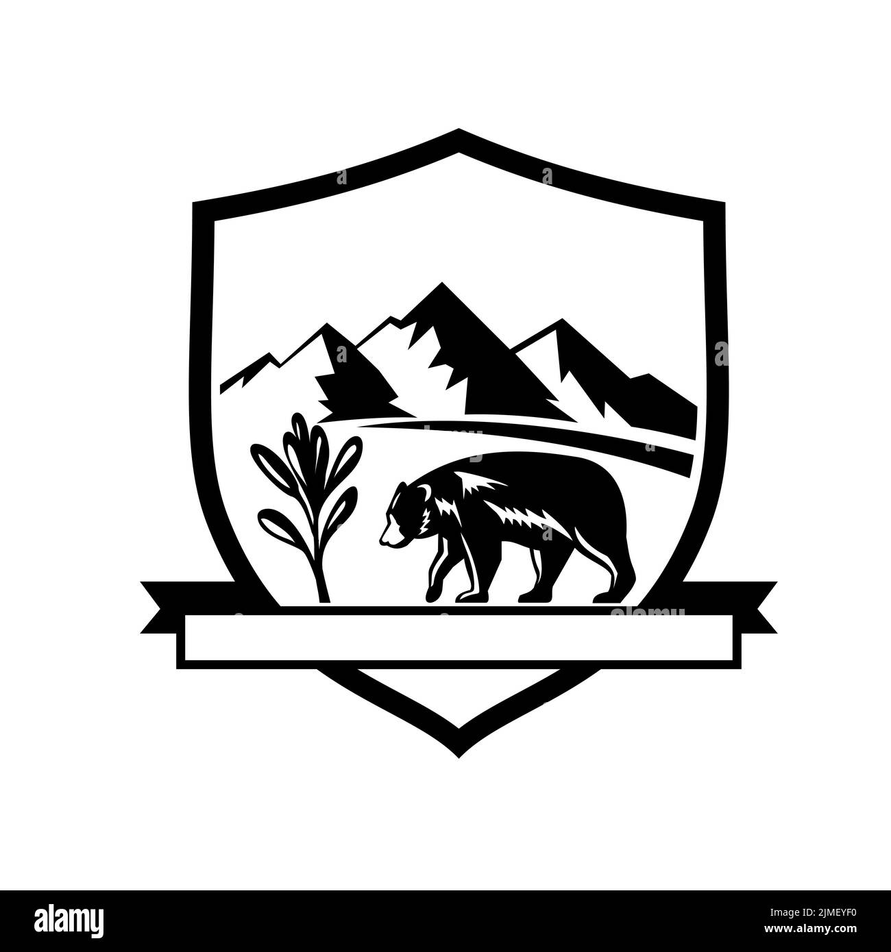 American Black Bear Walking with Sage Herb Plant and Mountains Set Inside Crest Shield Retro Black and White Banque D'Images